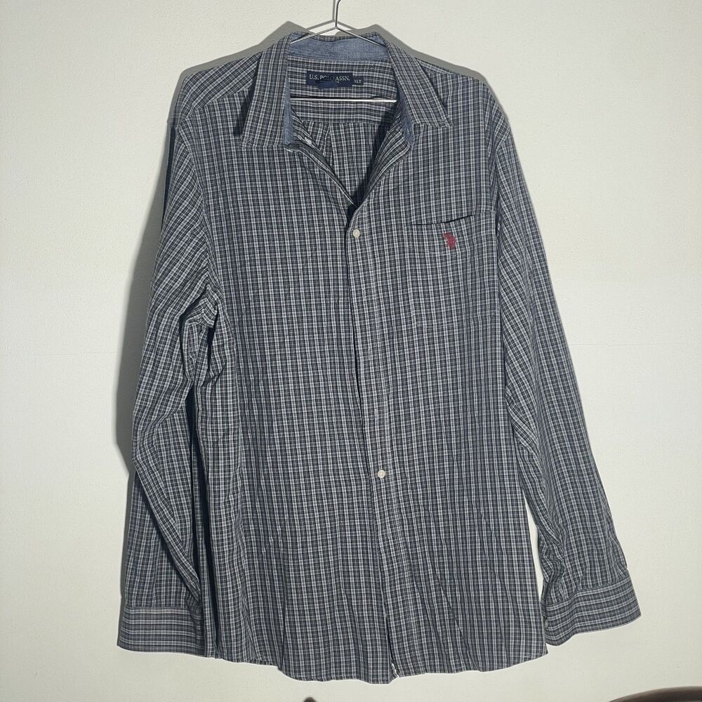 U.S. Polo Assn. Men's Grey Button-Down Plaid Shirt XL Tall